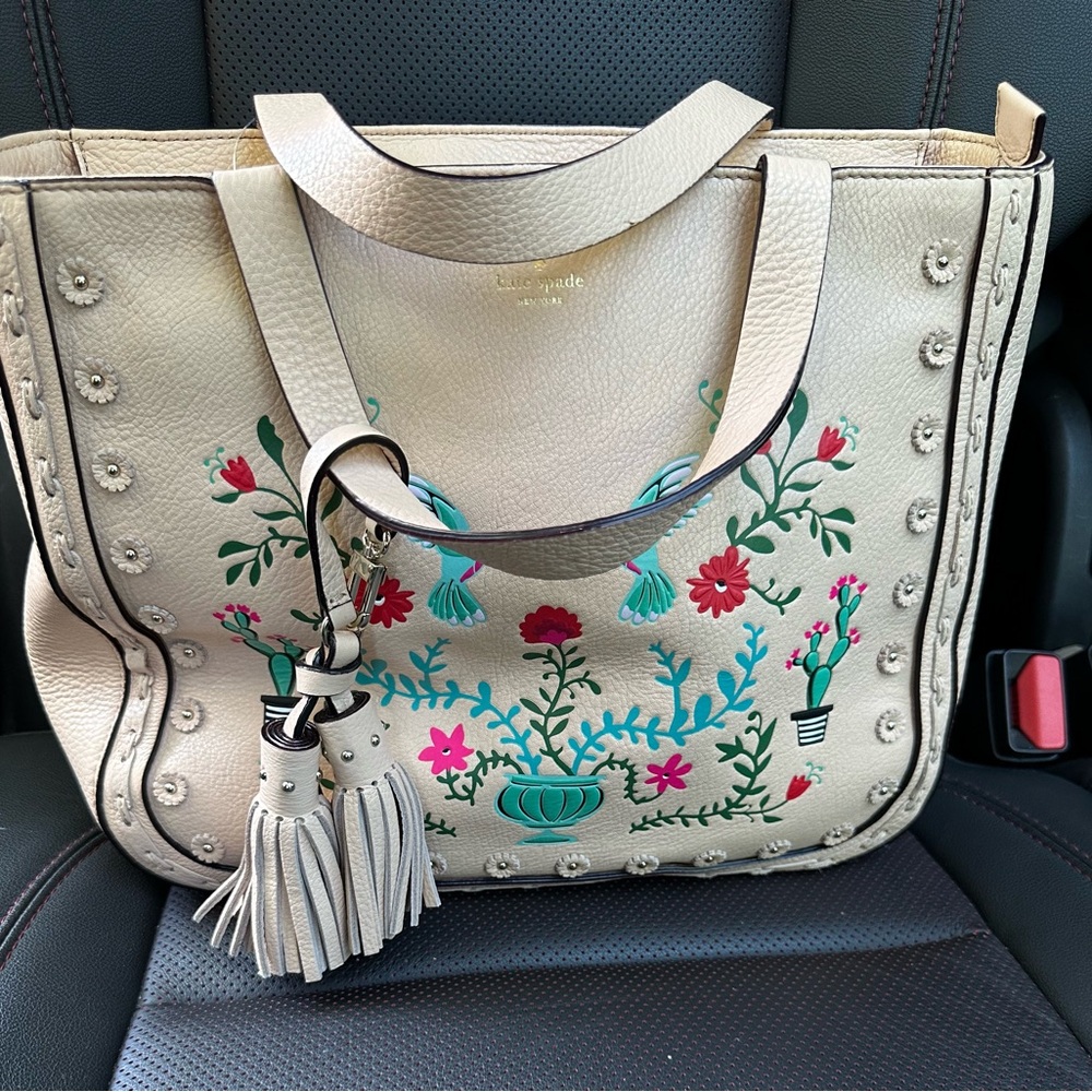 Kate Spade Cream Tahlia  Floral boho cactus Embroidered Tote Bag